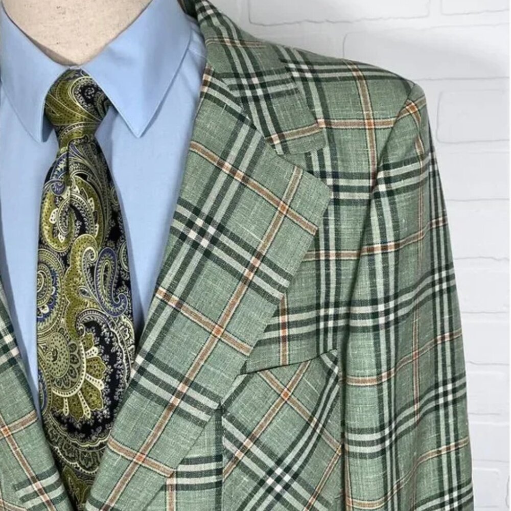 Hammonton Park Blazer Men 44 Green Copper‎ Windowpane Plaid 70s Wool Jacket VTG